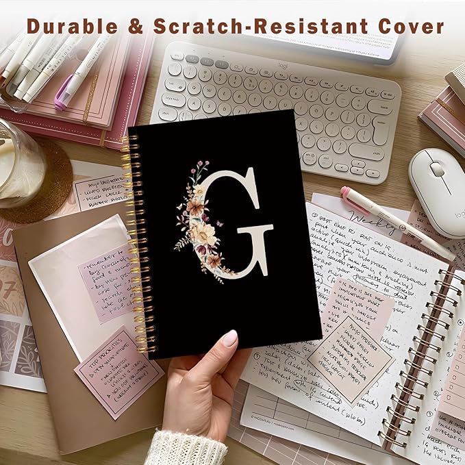 Lacama Black Initial Letter G School Notebook Journal, Cute Wildflower Personalized Spiral Notebook, School Supplies, Customized Monogrammed Gifts, Birthday Gifts for Women, Office Supplies
