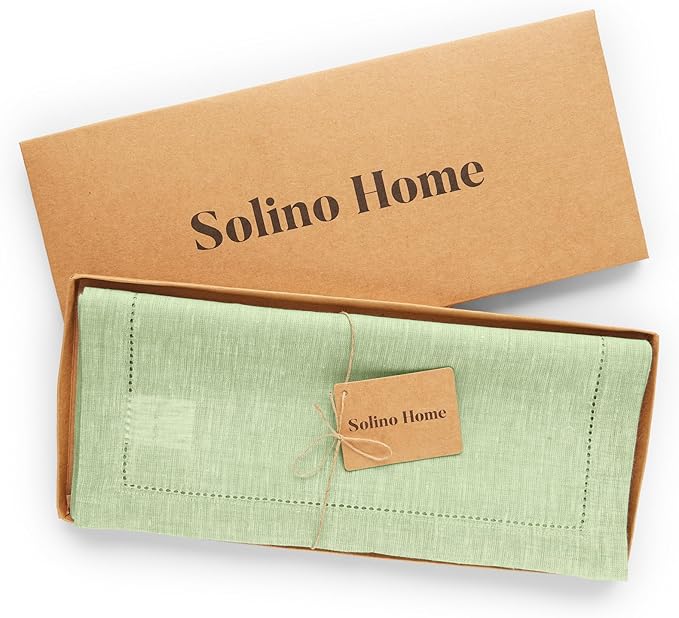 Solino Home Linen Table Runner 108 Inches Long - Milan Hemstitch 100% Pure Linen Pistachio Dining Table Runner 14 x 108 Inch - Spring, St Patricks Day, Easter