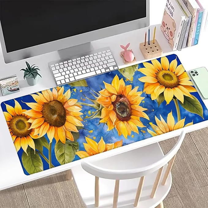 Sunflower Pattern Gaming Mouse Pad, Office Desk Mat, Anti-Slip Rubber Base Cool Aesthetic Mouse Pads for Computer Laptop Keyboard School Home Desktop Gamer Home Accessories Decor 31.5" x 11.8"