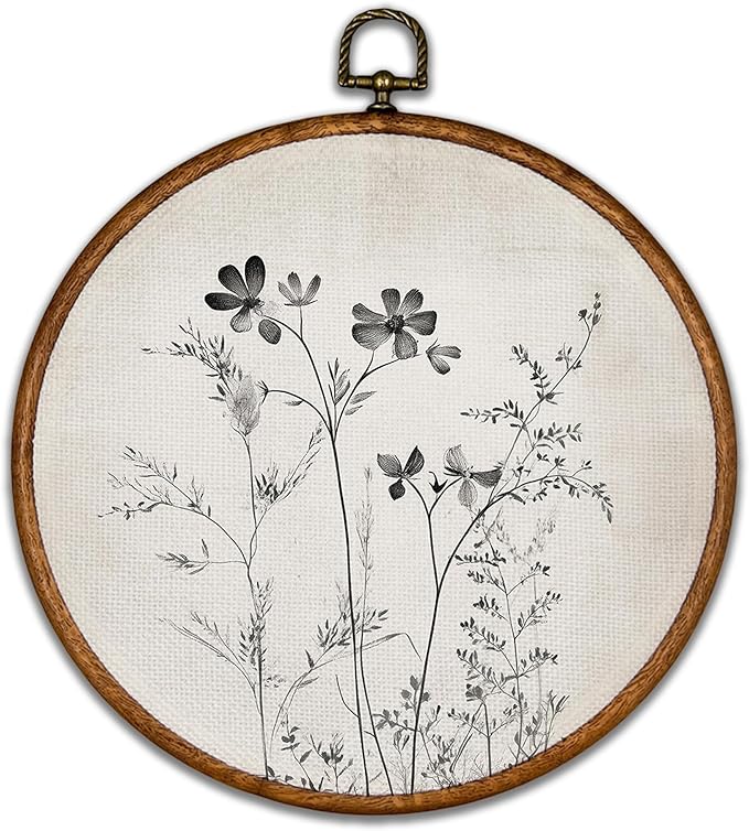 KSDUT Vintage Boho Mid Century Black Flower Floral Wall Decor Art - Botanical Neutral Wall Art Canvas Frame Hanging Prints, Retro Landscape Wildflower Round Wall Art Decor for Home Decorations 10"x10"