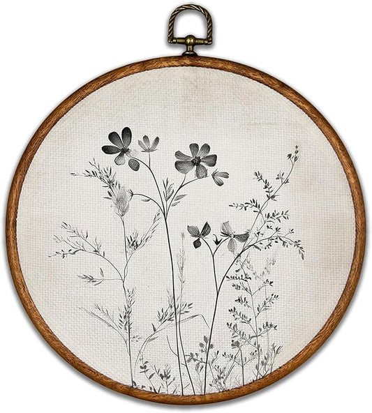 KSDUT Vintage Boho Mid Century Black Flower Floral Wall Decor Art - Botanical Neutral Wall Art Canvas Frame Hanging Prints, Retro Landscape Wildflower Round Wall Art Decor for Home Decorations 10"x10"