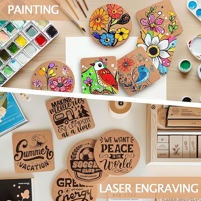 100 Pieces Cork Coasters for Drinks, GOH DODD Thicken Absorbent Blank Coasters for DIY Crafts Laser Engraving Sublimation Wood Burning Plants Painting Housewarming Gifts Wedding, Square Round, 4 Inch