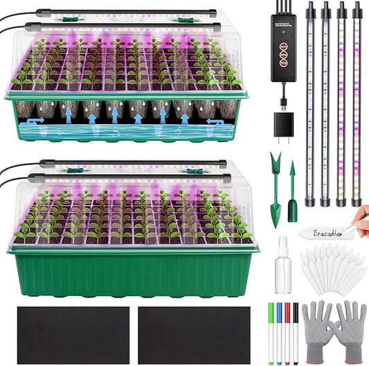 120 Cell Seed Starter Trays Self Watering with LED Grow Light – 2 Pack 60 Cells Seed Starting Kit with Humidity Domes, Tools & Labels for Indoor Gardening