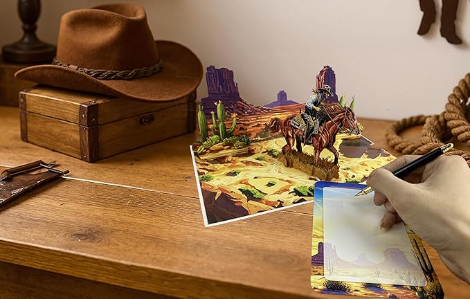 3D Pop Up Greeting Card – Handmade Cowboy on Horse Card – Texas Western Desert Scene – Birthday, Father’s Day, Retirement, Country & Rodeo Gift