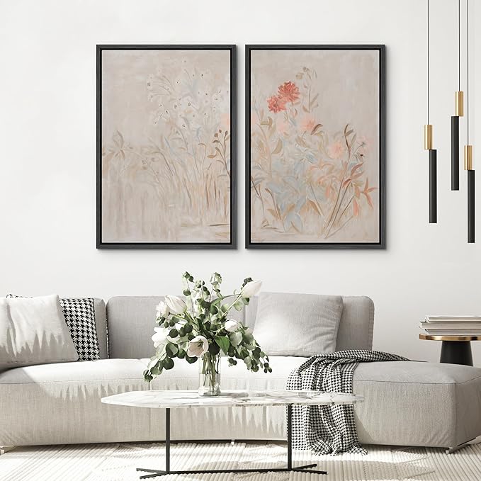 SIGNWIN Framed Canvas Print Wall Art Set Soft Pastel Wildflower Botanical Floral Illustrations Modern Art Scenic Colorful for Living Room, Bedroom, Office - 24"x36"x2 Black