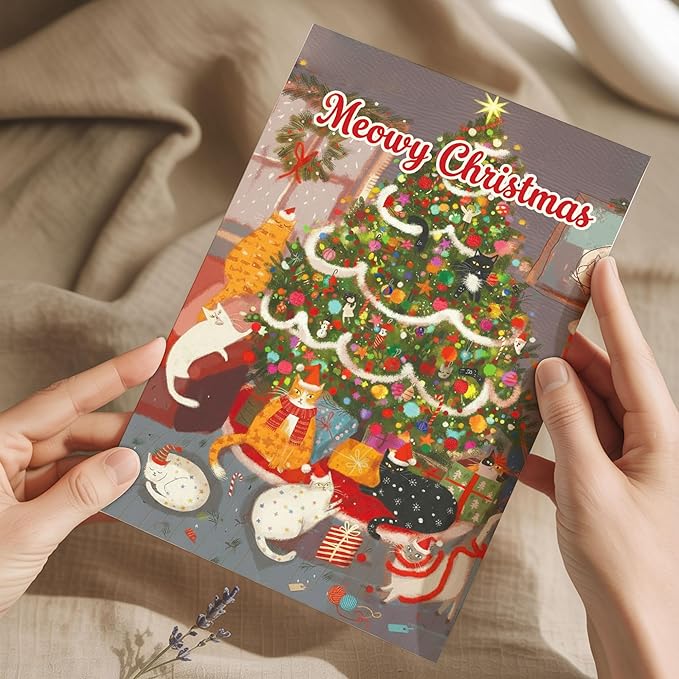 (5.3x8in) Meowy Christmas Card with Envelope, Cute Funny Cat Holiday Greeting with Festive Tree and Kittens, Adorable Christmas Card for Cat Lovers, Friends, Family, and Pet Owners (Xmas 27)