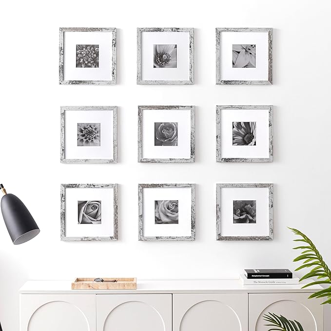 eletecpro 10x10 Picture Frames Set of 9 with Mat for 5x5 Photos or without Mat for 10x10, Square Gallery Wall Decor Collage for Picture Display, Distressed White Frame Set for Wall Hanging