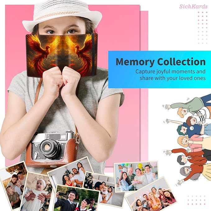 Mini Photo Album 2x3,60 Photos Capacity,PU Leather Cover with Elastic Band,High Definition Waterproof PP Pages for Family Wedding Anniversary Baby Record,Phoenix Flame Bird