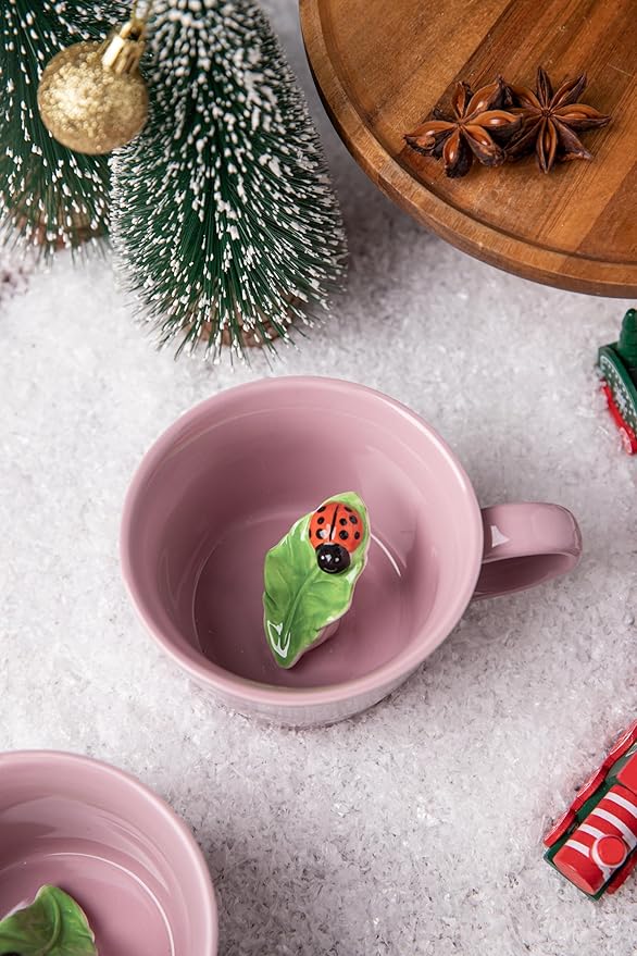DIHOclub Ceramic Ladybug Cup Hidden 3D Animal Inside Mug，Garden series Handmade Figurine Mugs 12OZ(Pink purple)