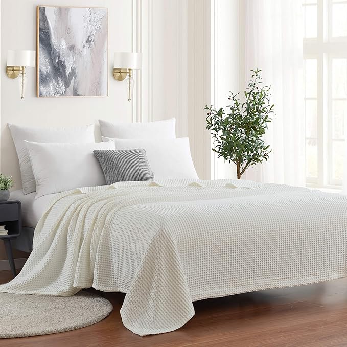 Sweet Home Collection 100% Fine Cotton Blanket Luxurious Weave Stylish Design Soft and Comfortable All Season Warmth, King, Waffle Weave Ivory (Pack of 6)