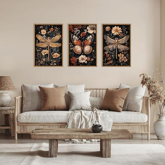 Aryroi Large Vintage Butterfly and Dragonfly Wall Decor Framed Canvas Wall Art,Retro Dark Animal Floral Wall Decor, Moody Insect Wildflowers Botanical Artwork for Living Room,Bedroom,office-24 x36 x3