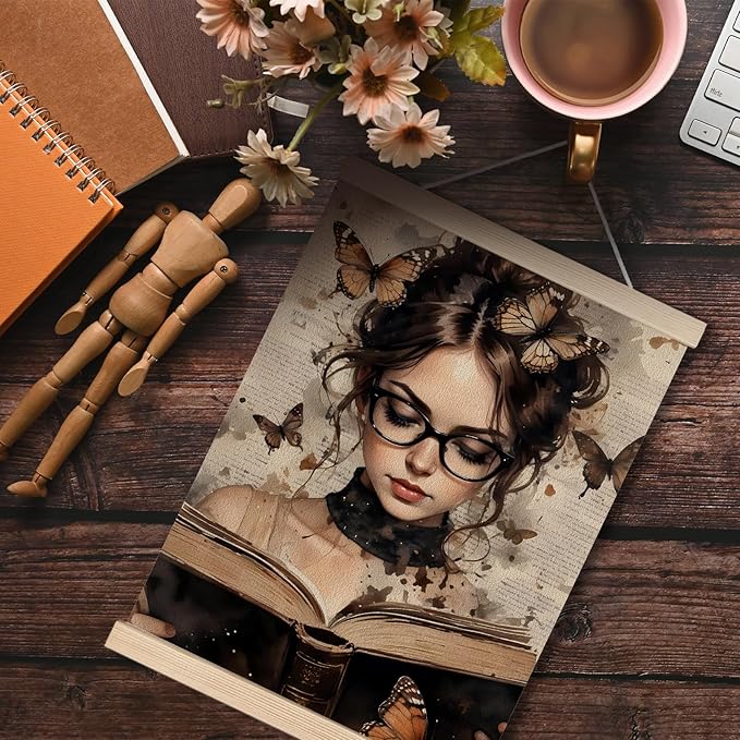 Vintage Butterfly Woman Book Canvas Wall Art Poster, Reading Nook Corner Decor, Dark Academia Feminine Wall Decor Prints for Library Reading Room Classroom Home, 12x16 Inches