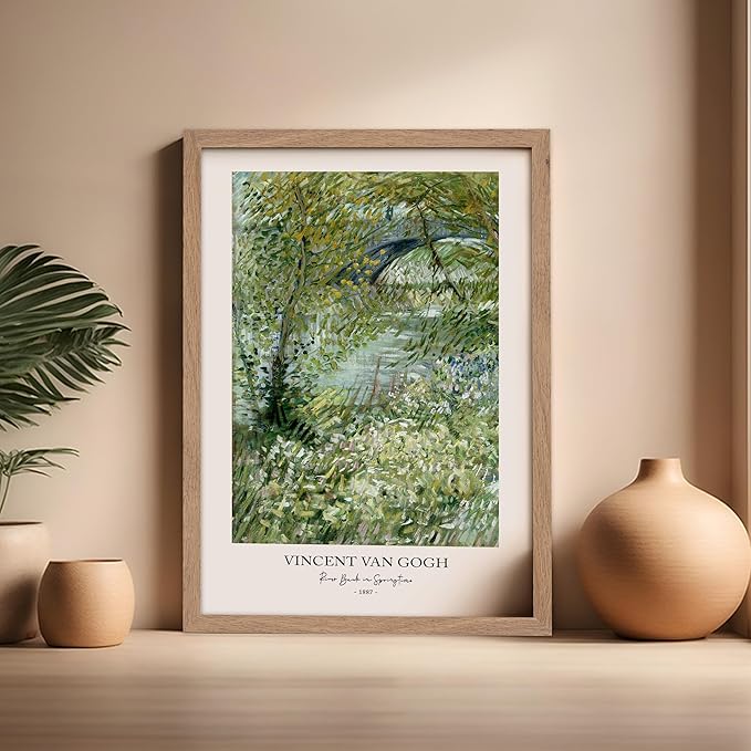 Monem Art Vintage Van Gogh Poster - Retro Impressionist Print - River Bank in Springtime, Flowers, Landscape - Gift for Artist, Friend - Wall Decor for Home, Office, 16x20 Beige Framed