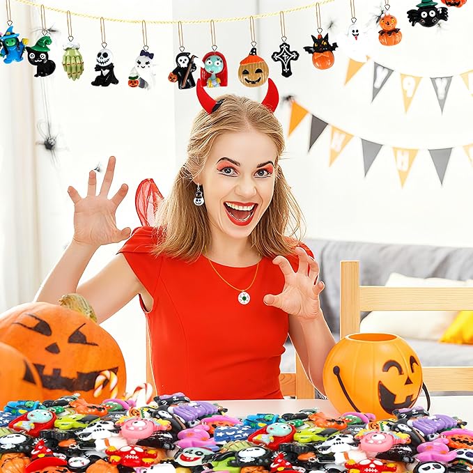 40Pcs Halloween Hanging Ornaments, Tiny Resin Charm Pendants Miniatures Figurines with Golden String for Mini Halloween Tree Decorations Holiday Party Decor