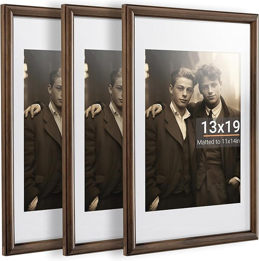 Heimlove 13x19 Picture Frame,13 x 19 Natural Solid Walnut Wood Frame Matted to 11x14 with Tempered Glass,13"x19" Handcrafted wood Poster Frame,Vertical or Horizontal Wall Hanging Display,3 Pack