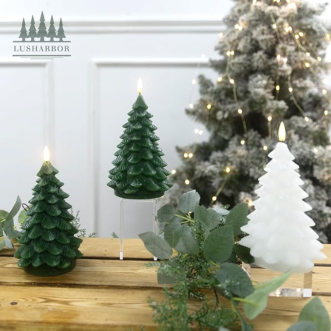 Flameless Candles with Remote Timer, 2 Pack Christmas Tree Candles Battery Operated LED Candles Real Wax Holiday Christmas Decoration for Bedroom Party Festival Gift Green