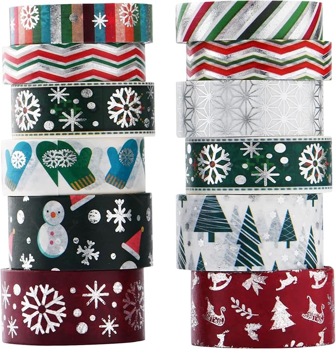 Christmas Holiday Washi Tape Set Xmas Winter Foil Washi Masking Tape Bullet Journal Kids Chirstmas Craft Supplies with Snowflake Tree Deer Striped, Perfect for Christmas Card Gift Wrapping 12 Rolls