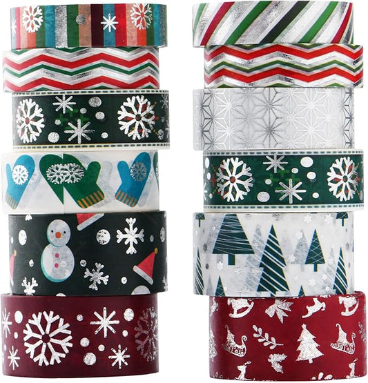 Christmas Holiday Washi Tape Set Xmas Winter Foil Washi Masking Tape Bullet Journal Kids Chirstmas Craft Supplies with Snowflake Tree Deer Striped, Perfect for Christmas Card Gift Wrapping 12 Rolls
