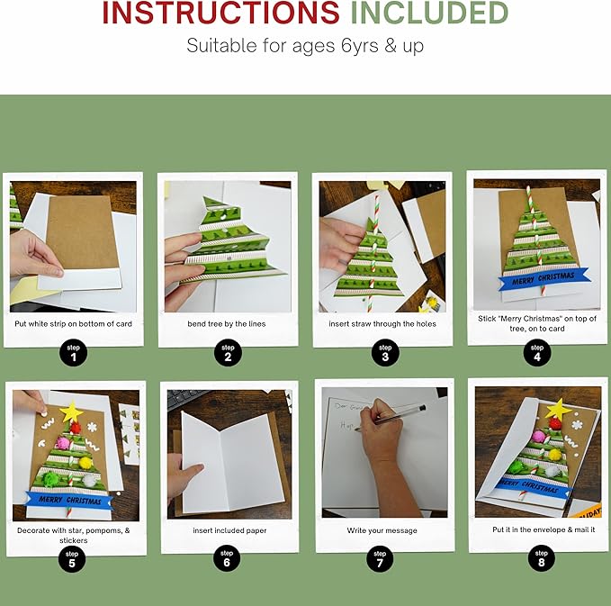4E's Novelty Christmas Card Making Craft Kit for Kids (12 Pack) DIY Handmade Greeting Card with Envelopes & Supplies for Adults & Kids, Holiday DIY Christmas Party Invitation Card