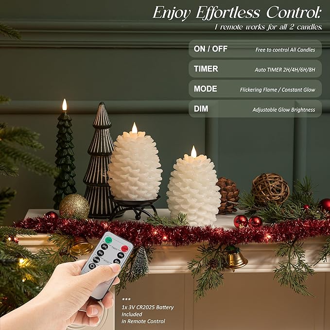 Pinecone Flameless Candles with Remote Timer, 2 Pack Real Wax Battery Operated LED Candles for Christmas Decorations, Rustic Holiday Table Centerpieces, Winter Home Décor White