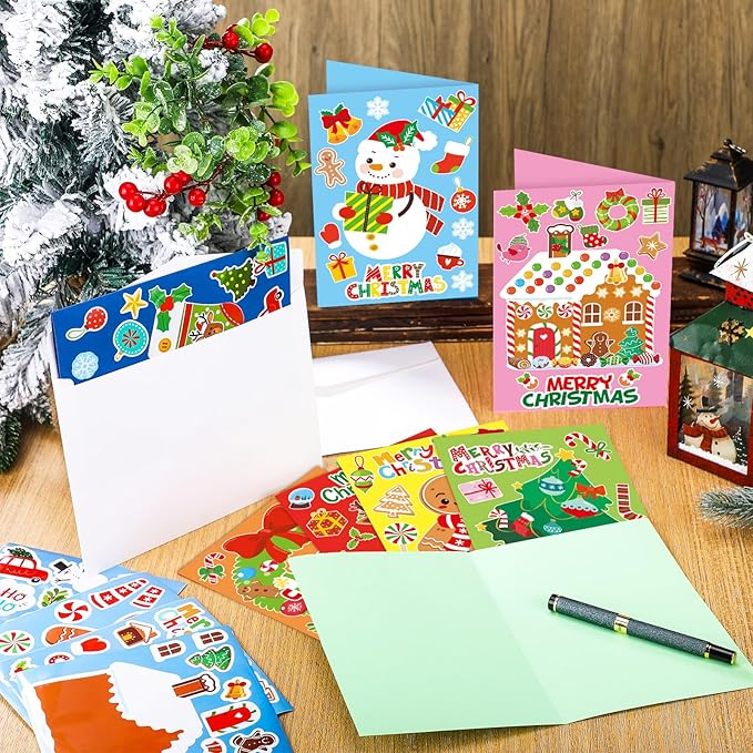 Fullhawl 48 Set Christmas Card Making Kits DIY Christmas Craft with Stickers and Envelopes Make Your Own Greeting Card Handmade Xmas Folded for Xmas Gift Party Decor Home Activities
