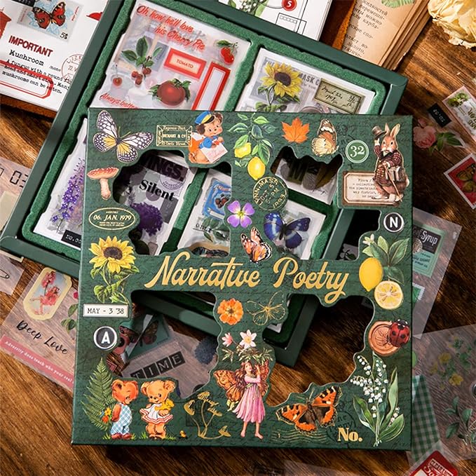 SIBLYMONA Vintage Fairy Stickers 640Pcs Transparent Stickers, Floral Butterfly Designs for Scrapbooking Journaling, Junk Journal Supplies, Cottagecore Rub On Transfers Crafts (Poetry of Fabrics)