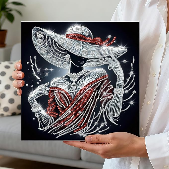 DIY Pearl Painting Kit with Wooden Frame, 3D Plastic Pearl Gemstone Ocean Art Craft for Adults Beginners, Diamond Art Kits for Adults, Home Wall Decor Ready Gift for Women(Red Dress Woman)(30 * 30cm)