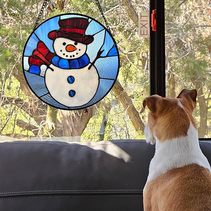 Stained Glass Window Hanging 4 Pcs Set Blue White Christmas Snowman Snowflake 7.8" - Suncatcher Door Garden Sun Catcher Decor Birthday Mother's Day Xmas Gifts for Mom Woman Nana Men