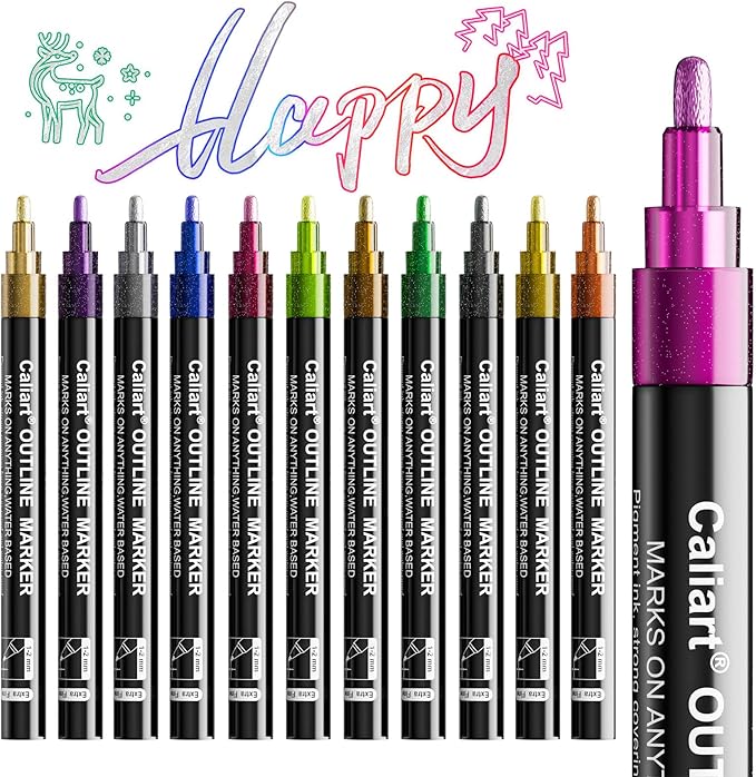 Caliart Stocking Stuffers for Kids Teen Girls, 12 Colors Outline Markers Shimmer Glitter Pens, Christmas Tween Teen Girl Gifts Trendy Stuff, Art Supplies for 6-8-10-12 Year Old Cool Fun Craft Drawing