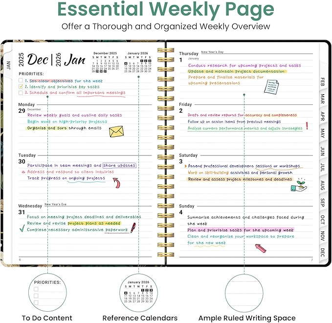 2026 Planner, Weekly and Monthly Planner for Women, January 2026 to December 2026, Pretty Hardcover 2026 Calendar Planner Book with Tabs, Inner Pocket, Spiral Bound, Perfect Office Home School Supplies - 8.5" x 11", Forest Botanica