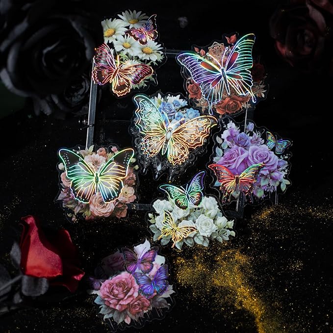 Yoksas 60Pcs Vintage Gothic Holographic Shiny Butterfly Flower Stickers - Clear Waterproof Dark Spooky Butterfly Stickers for Scrapbooking,Junk Journals,Witchcraft Supplies