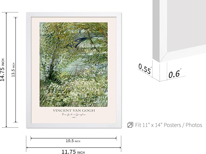 Monem Art Vintage Van Gogh Poster - Retro Impressionist Print - River Bank in Springtime, Flowers, Landscape - Gift for Artist, Friend - Wall Decor for Home, Office, 11x14 White Framed