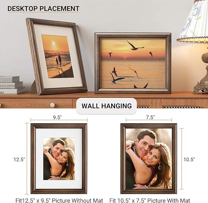 Heimlove 8.5x11 Picture Frame,Natural Solid Walnut Wood Frame Matted to 6x8 with Tempered Glass,8.5"x11" Handcrafted Diploma Document Frames Frame Vertical or Horizontal Wall Hanging Display,1 Pack