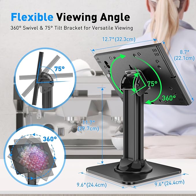 AboveTEK Anti-Theft iPad Kiosk Stand – POS iPad Security Stand & Locking Tablet Holder – Heavy Duty Base, 360° Swivel, 75° Tilt Bracket – Perfect for Retail Business (Black)