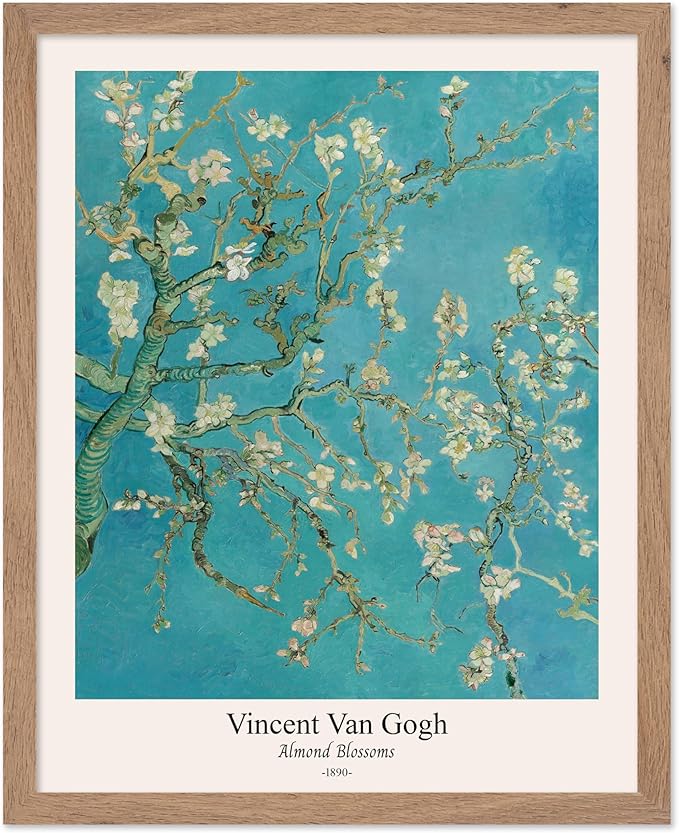 Monem Art Vintage Van Gogh Poster - Retro Almond Blossoms Print - Impressionism Art - Fine Art - Classic Painting Art - Flower Art - Floral Bedroom or Office Wall Decor - 11x14 Beige Framed