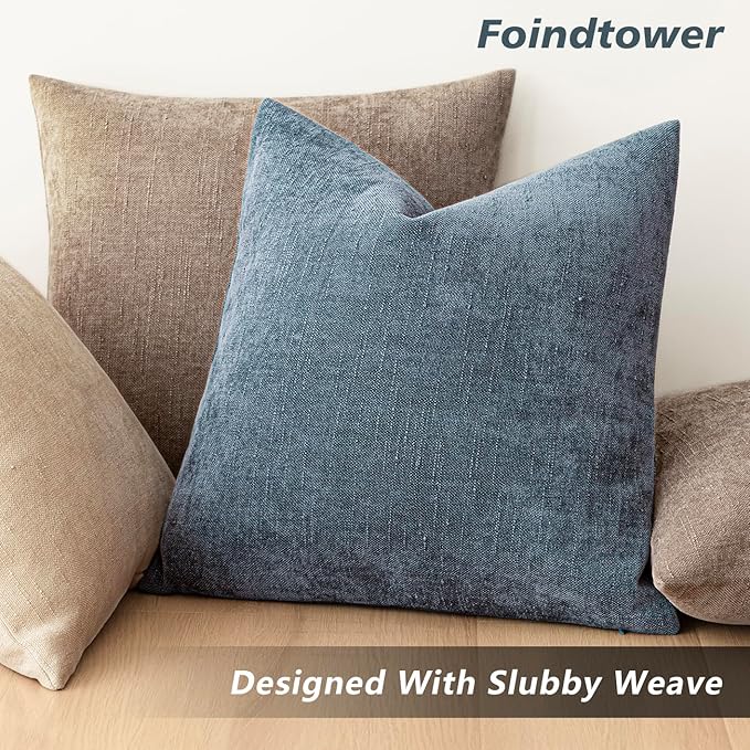 Foindtower Pack of 2 Soft Textured Chenille Throw Decorative Pillow Covers Square Accent Solid Cushion Cover Cozy Neutral Farmhouse Pillow Case for Couch Sofa Bedroom Living Room 24x24 Inch,Blue