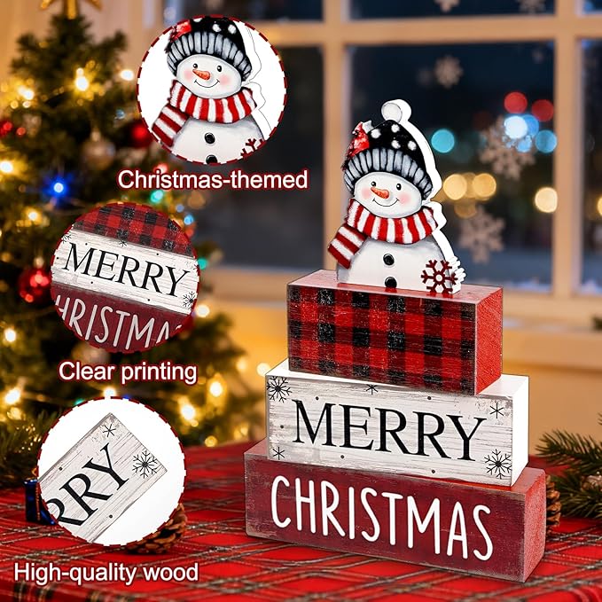 hongbo Christmas Table Decor,Snowman and Buffalo Plaid Wooden Block,Merry Christmas Wood Centerpiece,Winter Xmas Table Sign,Farmhouse Tiered Tray Decor for Home,Party,Shelf,Office and Gifts