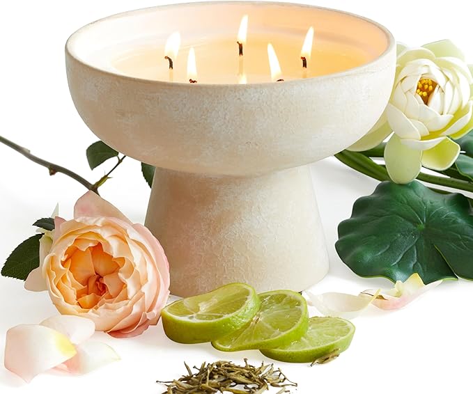 BLUEME Balance - White Lotus & Tea, Luxury Candle w/Essential Oils, 5 Wick, Hand-Poured Soy, Cotton Wick, Ceramic
