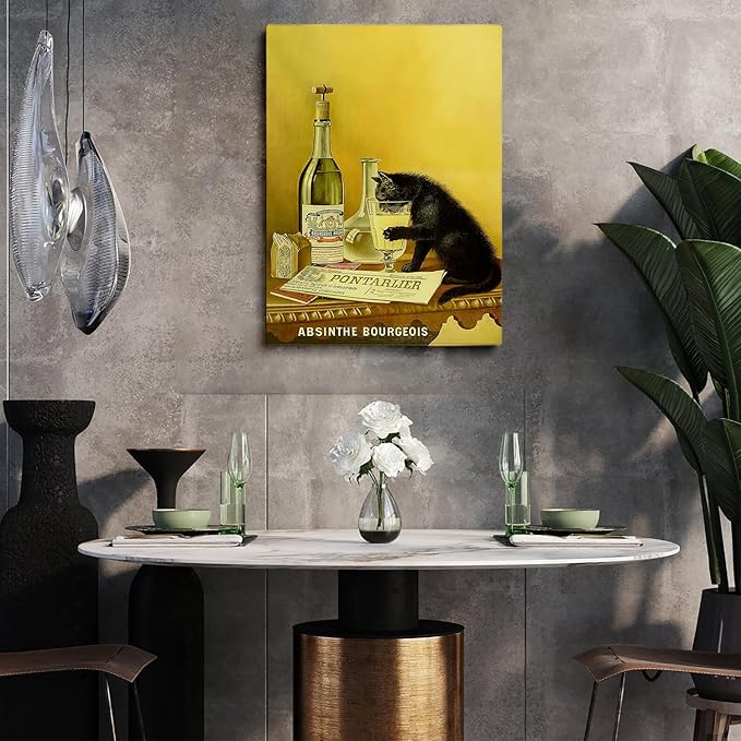Black Cat Wall Art, Absinthe Print, Vintage Cat Alcohol Poster,Bar Wall Decor, Beverage Print Art, Large Art,Vintage Art For Bar,Vintage Bar Painting Print,Bar Cart Decor24x36 Framed