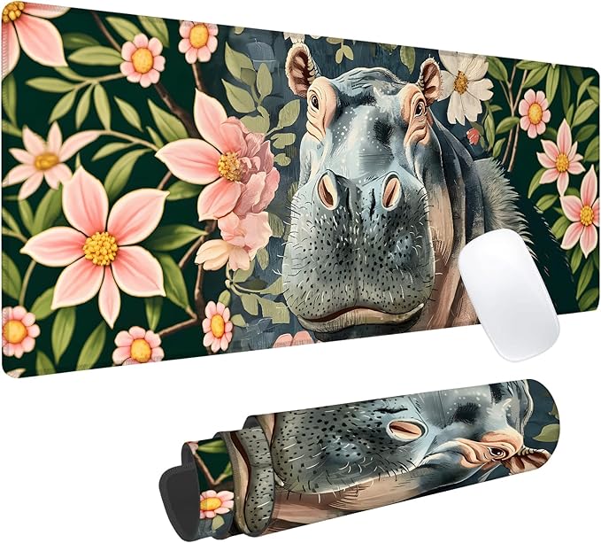 Hippo Floral Gaming Mouse Pad, Office Desk Mat, Anti-Slip Rubber Base Cool Aesthetic Mouse Pads for Computer Laptop Keyboard School Home Desktop Gamer Home Accessories Decor 31.5" x 11.8"