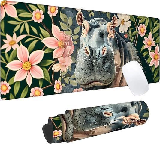 Hippo Floral Gaming Mouse Pad, Office Desk Mat, Anti-Slip Rubber Base Cool Aesthetic Mouse Pads for Computer Laptop Keyboard School Home Desktop Gamer Home Accessories Decor 31.5" x 11.8"