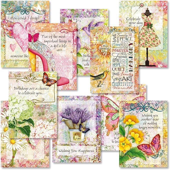 Current Joy Hall Dream On Happy Birthday Greeting Card Set - Value Pack of 20 Cards With White Envelopes, 10 Designs, Large 5" x 7" Assortment