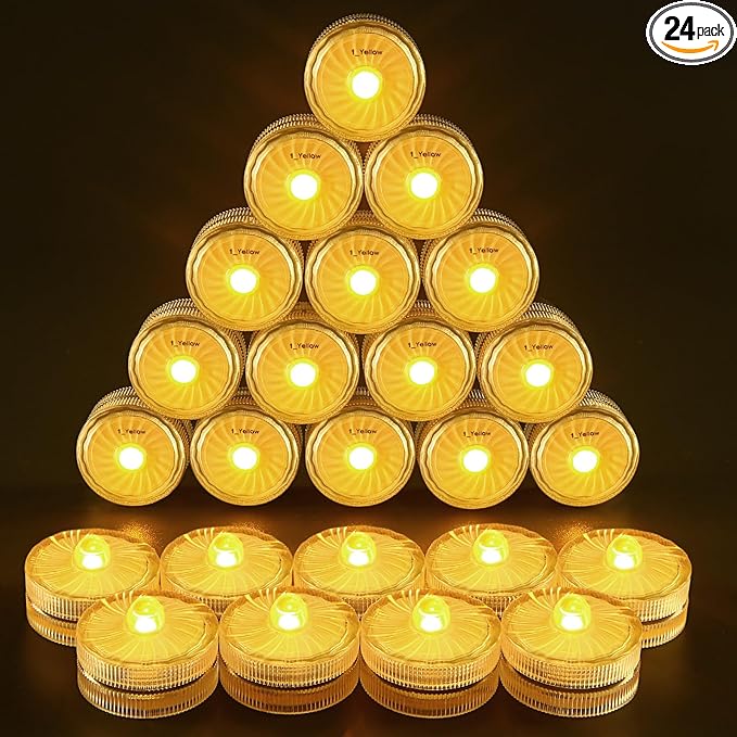 HL Submersible LED Lights,Yellow Small LED Light,100 Hours Waterproof Flameless Led Lights Battery Powered for Wedding Home Vase Festival Party Decoration 24pcs (Built-in 48 Batteries)
