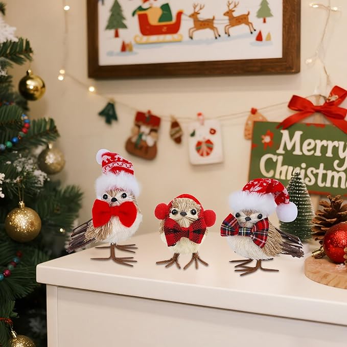 Set of 3 Christmas Birds Table Top Decorations, Christmas Twig Bird Figurines with Plush Hat, Red Bird Xmas Ornaments Tabletop Decor for Mante Kitchen Fireplace Home Holiday