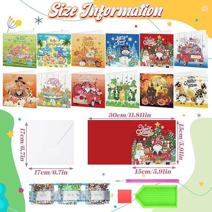 Saillong 12 Pack Christmas Diamond Painting Greeting Card Kit Holiday Diamond Art Cards with Envelopes Season Winter 5D Rhinestones Painting Making Kits for Adult DIY Craft Family Friend Holiday Gift