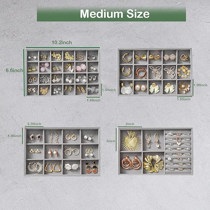 Jewelry Drawer Organizer, 4 Set of Stackable Jewelry Trays for Drawer Inserts Velvet Organizers and Display Storage for Earring Necklace Rings Bracelets (Gray)