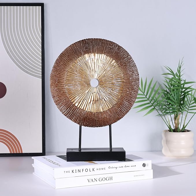 oliruim 12" Tall Abstract Brown Gold Round Sculpture - Unique Wood Color Home Decoration for Above Cupboard Decor, Living Room Coffee Table, Console, Office, Entrance, Table Centerpieces (Brown Gold)