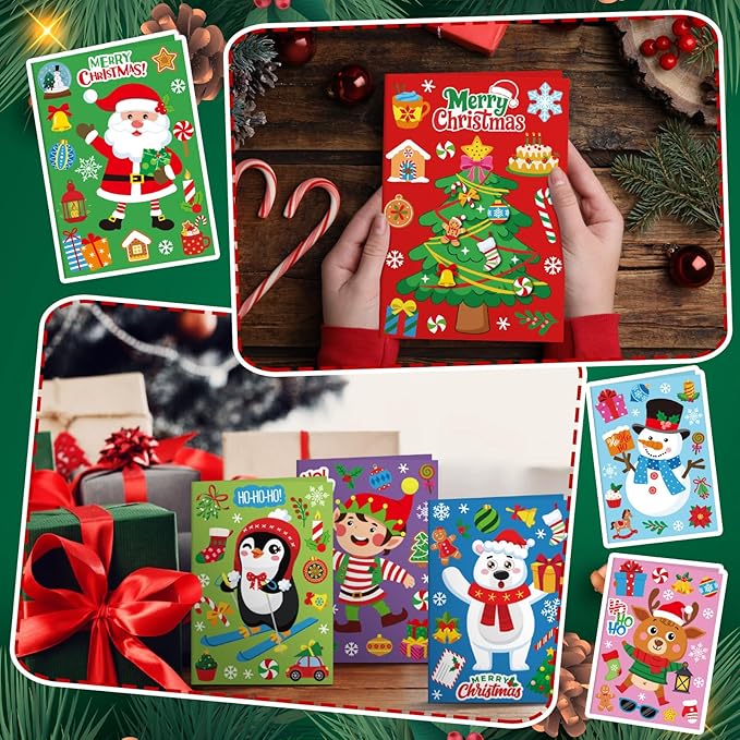 Fullhawl 48 Set Christmas Card Making Kits DIY Christmas Craft with Stickers and Envelopes Make Your Own Greeting Card Handmade Xmas Folded for Gift Party Decor Home Activities (Xmas)