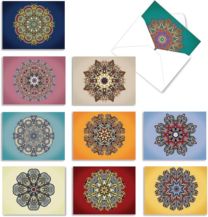 The Best Card Company - 10 Blank Note Cards Assortment (4 x 5.12 Inch) - Zen Patterns and Symbols, Bulk Boxed Set - Mandala Mania M3964