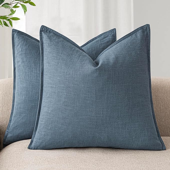 Foindtower Set of 2, Decorative Linen Soild Throw Pillow Covers Soft Accent Euro Cushion Case Boho Farmhouse Neutral Pillowcase for Couch Sofa Bedroom Living Room Home Decor 22 x 22 Inch Misty Blue